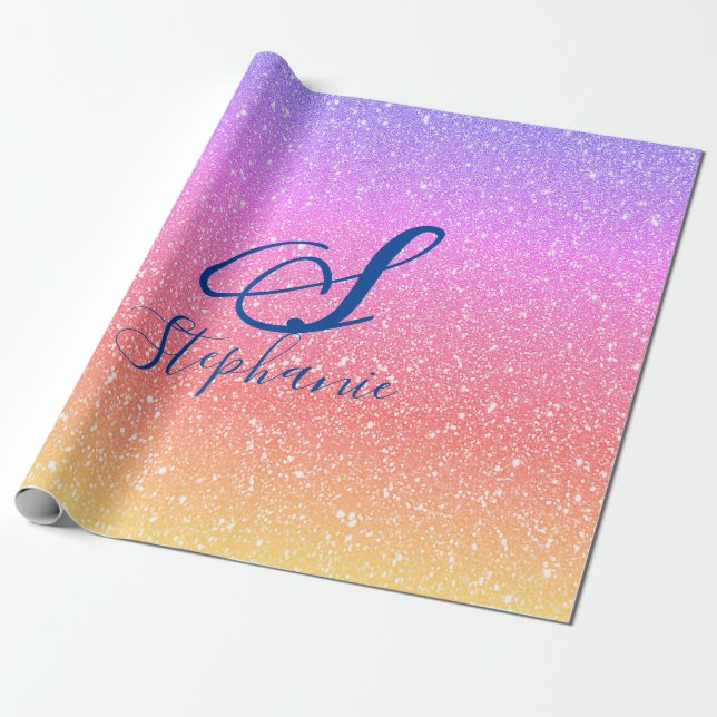 Papier Cadeau Glittery Pink Purple Ombre Monogrammes Nom Cute (Déroulé)