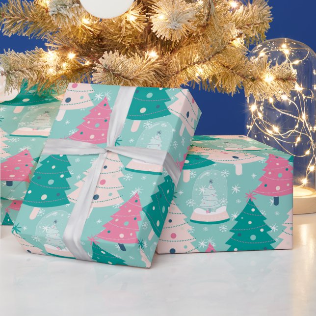 Papier Cadeau Globe De Neige De Noël Rose Et Vert (Vacances)