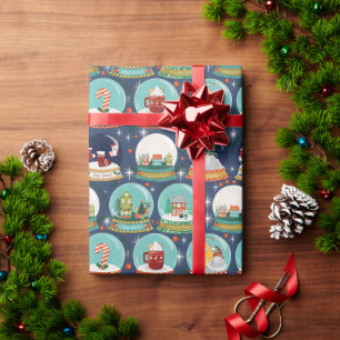 Papier Cadeau Globe des neiges Gnome Gingerbread Maison Denim