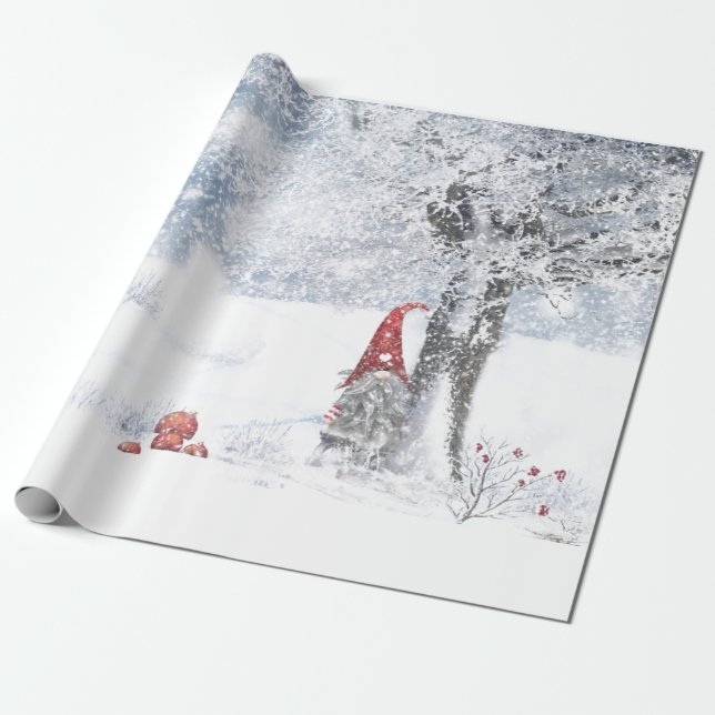 PAPIER CADEAU GNOME DANS LA NEIGE FORÊT COUVERTE NOËL CADEAU DE  (Déroulé)