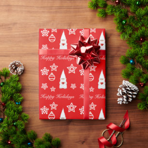 Papier Cadeau Gnome de Noël, flocons de neige et étoiles sur fon