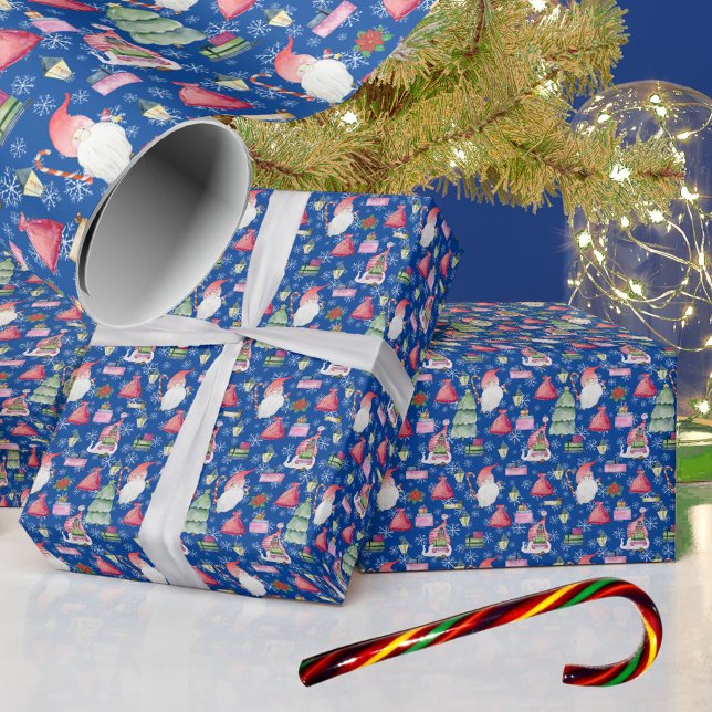 Papier Cadeau Gnome de Noël pour Motif de vacances Bleu (Santa Gnome for Holidays Christmas Pattern Blue Wrapping Paper)