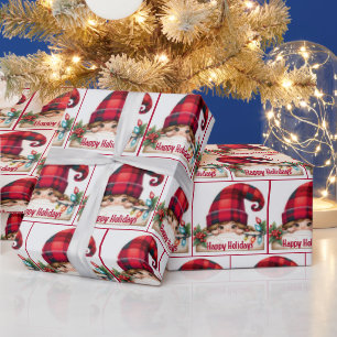 Papier Cadeau Gnome Féminin de Noël avec Chapeau à Carreaux