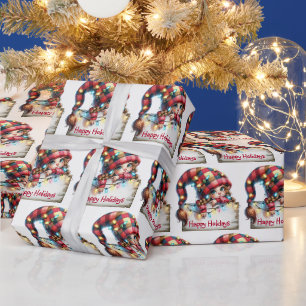 Papier Cadeau Gnome Fille De Noël Avec Casquette Plaid