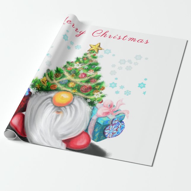 Papier Cadeau Gnome mignonne avec arbre de Noël Casquette et cad (Déroulé)