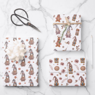 Papier Cadeau Gnomes Bois Neutres Ensemble de 3 Wraps en feuille