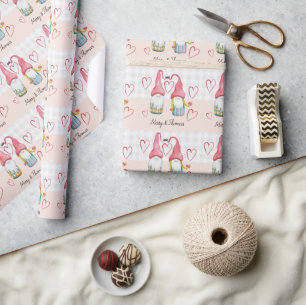Papier Cadeau Gnomes de Noël en amour Aquarelle peinte à la main