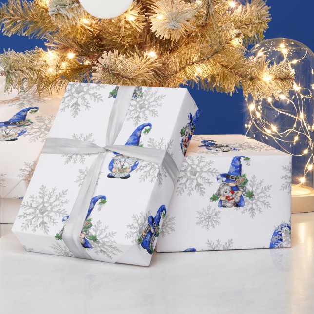 Papier Cadeau Gnomes de Noël et flocons de neige (Vacances)