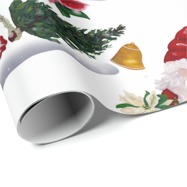 Papier Cadeau Gnomes de Noël festifs, Poinsettia et cloches (Coin rond)