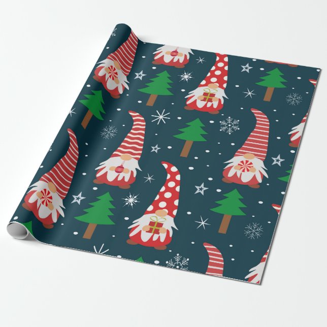 Papier Cadeau Gnomes de Noël mignons avec arbres et flocons de n (Déroulé)