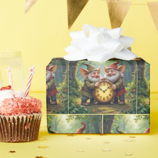 Papier Cadeau Gnomes Forestiers Avec Ancienne Horloge (Fête d'anniversaire)