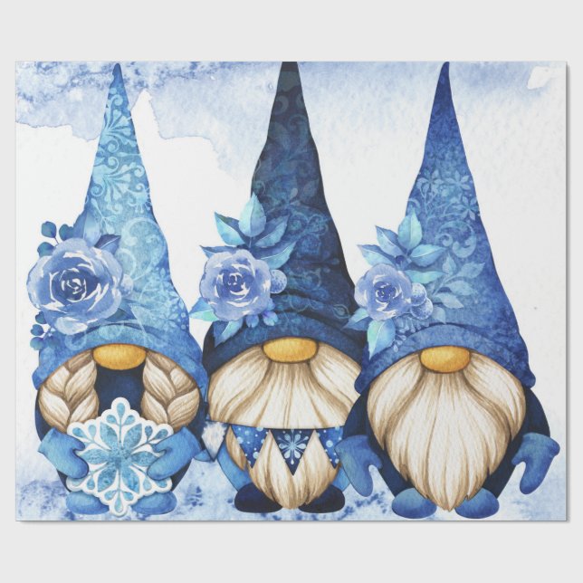 Papier Cadeau Gnomes scandinaves d'hiver à la pivoine bleue (Plat)