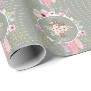 Papier Cadeau Godmère - Croix florale personnalisée Sage vert