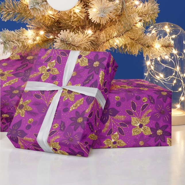 Papier Cadeau Gold and Purple Christmas Poinsettia Flowers (Vacances)