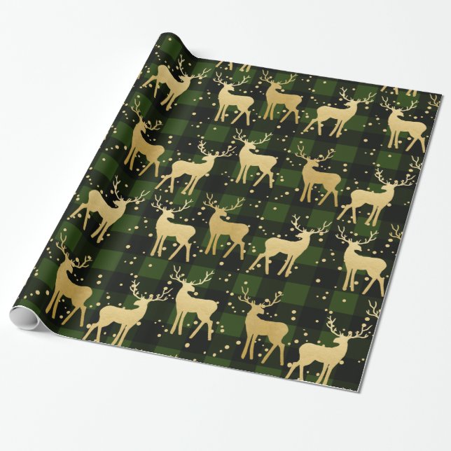 Papier Cadeau Gold Antler Reindeer Green | Buffalo Plaid Motif (Déroulé)