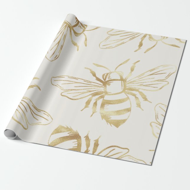 Papier Cadeau Gold Bee Design, sur Arrière - plan de Crème. (Déroulé)