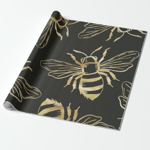 Papier Cadeau Gold Bee Design, sur Arrière - plan noir.
