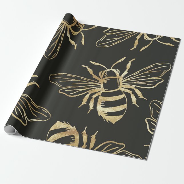 Papier Cadeau Gold Bee Design, sur Arrière - plan noir. (Déroulé)