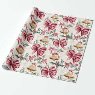Papier Cadeau Gold Bells Pink Bows Noël