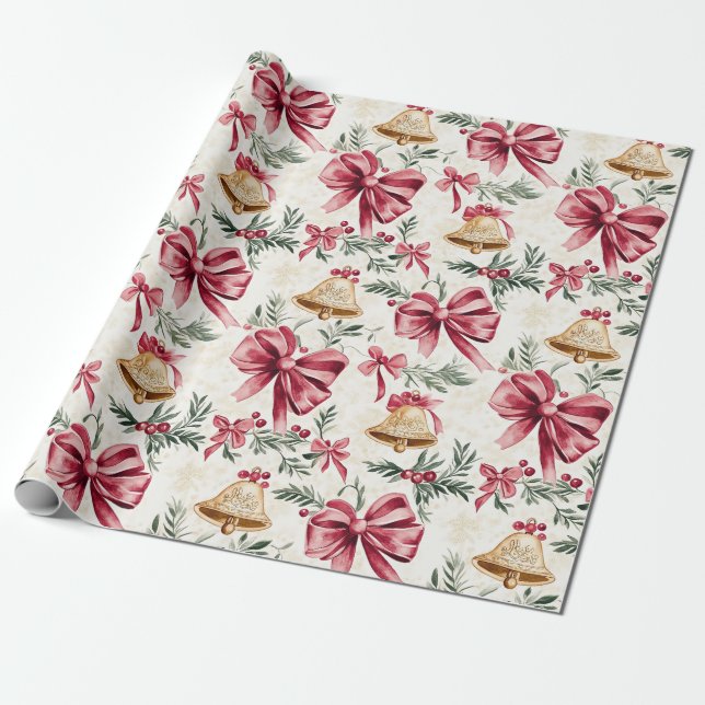 Papier Cadeau Gold Bells Pink Bows Noël (Déroulé)