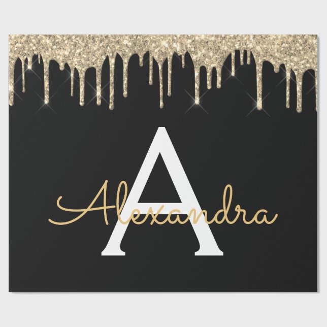 Papier Cadeau Gold Black Parties scintillant de luxe Glam Monogr (Plat)