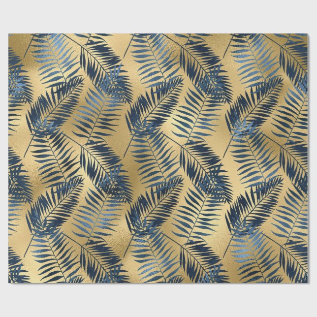 Papier Cadeau Gold Blue Palm Leaf Wrapping Paper  (Plat)