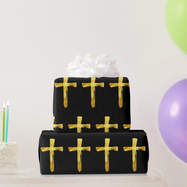 Papier Cadeau Gold Brush Cross - Christian Religion Crucifix (Cadeaux de fête)