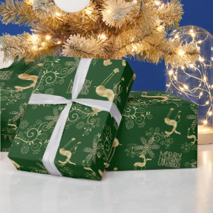 Papier Cadeau Gold Christmas Reindee sur Green