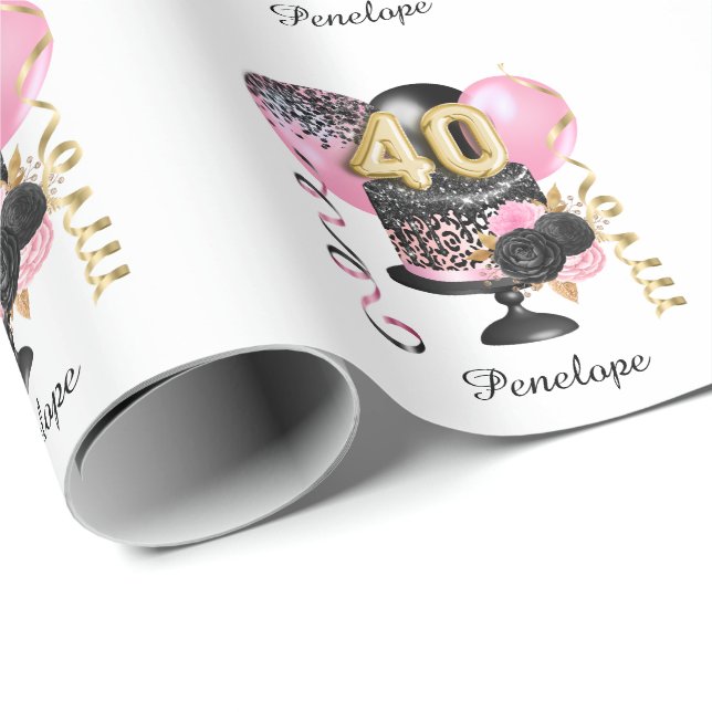 Papier Cadeau Gold et Black Cake Nom du 40e anniversaire (Coin rond)
