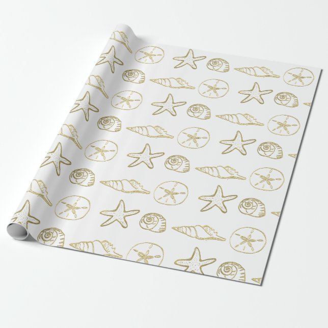 Papier Cadeau Gold Foil Look Sea Shells Chic Beach Elegant Blanc (Déroulé)