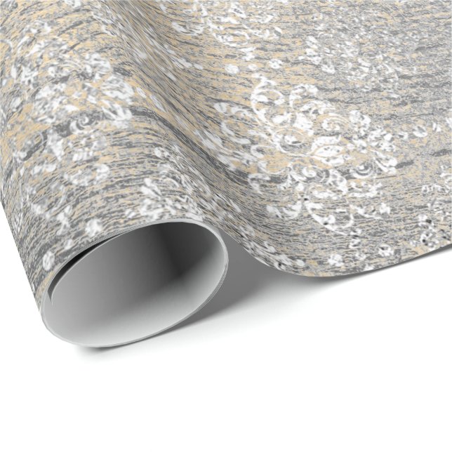 Papier Cadeau Gold Foxier Damask Argent Gris Bois Shabby Russe (Coin rond)