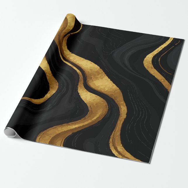 Papier Cadeau Gold Gradient Swirls on Black Pattern – Luxury (Déroulé)