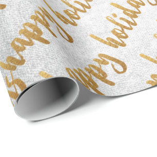 Papier Cadeau Gold Happy Holidays Script Silver Grey Blanc