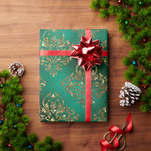 Papier Cadeau Gold Holiday Noël Métallurgique Damas Élégant