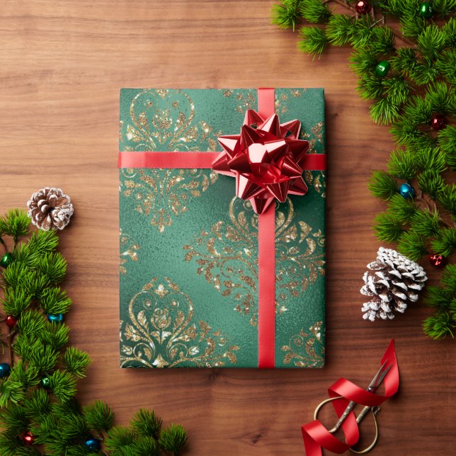 Papier Cadeau Gold Holiday Noël Métallurgique Damas Élégant (Cadeau de vacances)