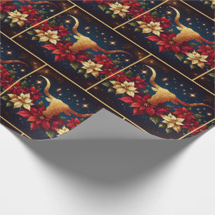 Papier Cadeau Gold Longhorn Steer avec Poinsettias Noël