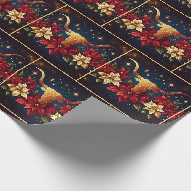 Papier Cadeau Gold Longhorn Steer avec Poinsettias Noël (Coin)
