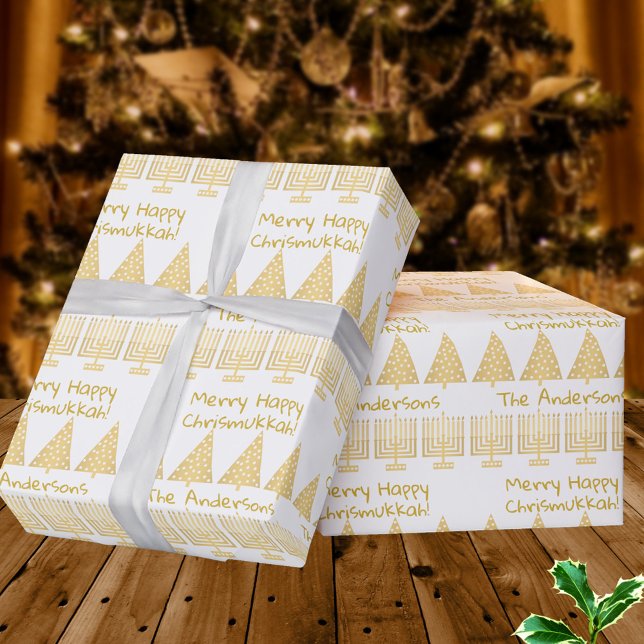 Papier Cadeau Gold On White Merry Happy Chrismukkah Holiday (Add a name for personalized wrapping paper - celebrate Christmas & Hanukkah for inter-faith families)