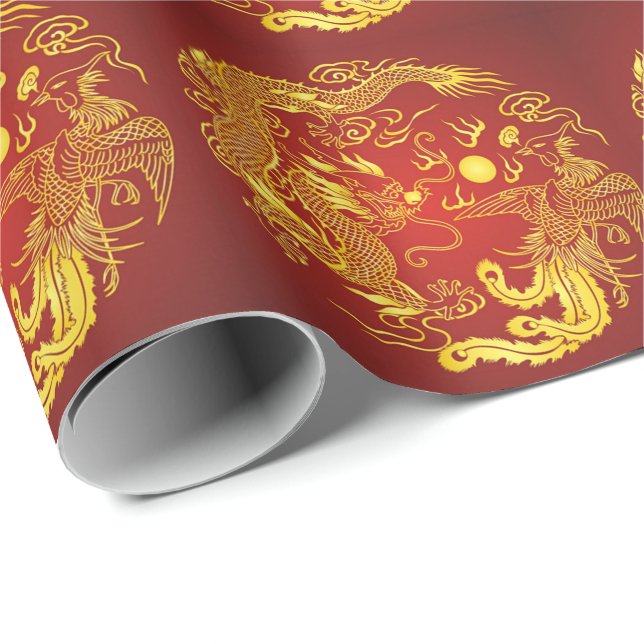 Papier Cadeau Gold Red Dragon Phoenix Chinese Wedding Favor (Coin rond)