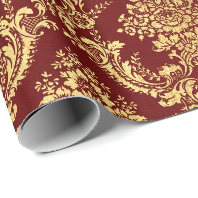 Papier Cadeau Gold Royal Damask Floral Maroon Bourgogne Rouge Lu (Coin rond)