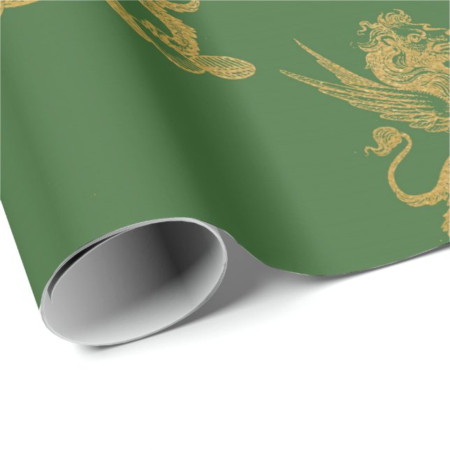 Papier Cadeau Gold Royal Lion Fairking Green Heraldic (Coin rond)