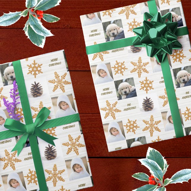Papier Cadeau Gold Snowflake 3 Photo Collage Noël (Créateur téléchargé)
