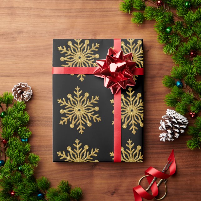 Papier Cadeau Gold Snowflake Black Wrapping Paper (Cadeau de vacances)