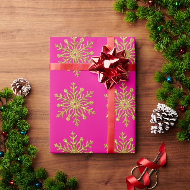 Papier Cadeau Gold Snowflake Hot Pink Wrapping Paper (Cadeau de vacances)