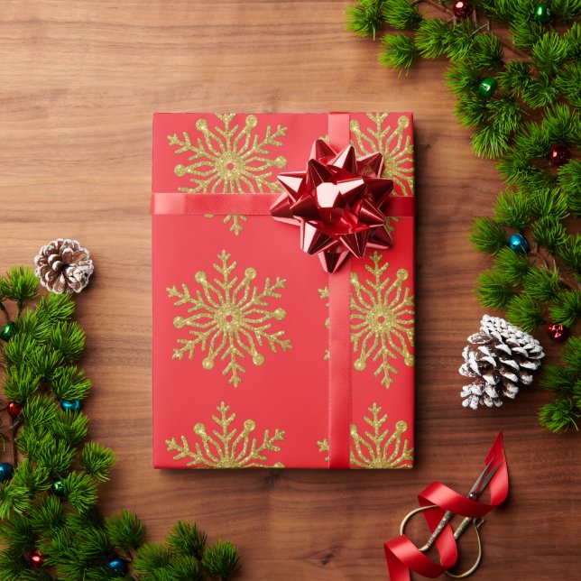 Papier Cadeau Gold Snowflake Red Wrapping Paper (Cadeau de vacances)