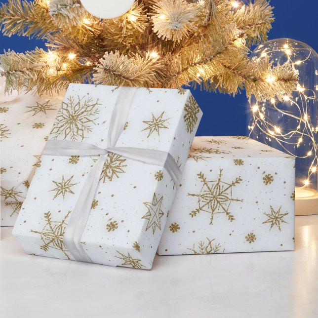Papier Cadeau Gold Snowflakes Design blanc (Vacances)
