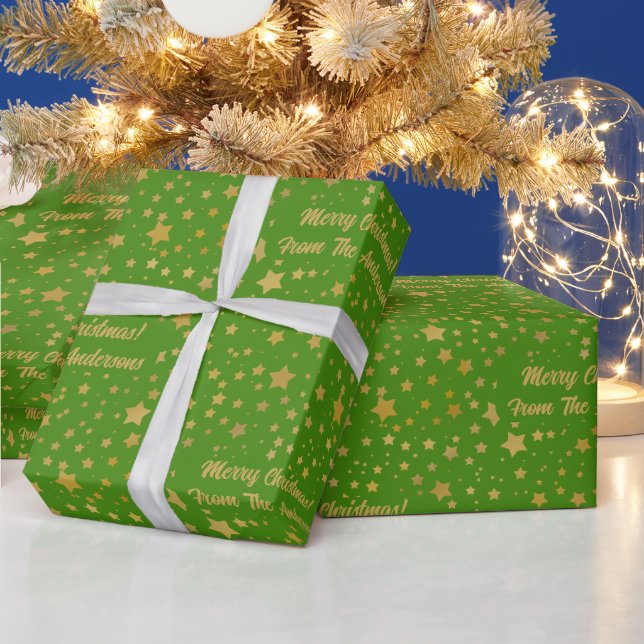 Papier Cadeau Gold Stars sur Green Joyeux Noël (Vacances)
