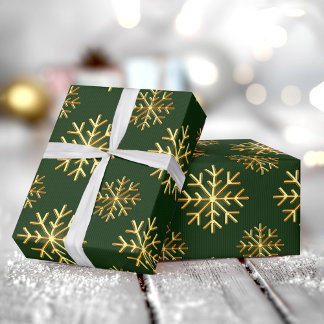 Papier Cadeau Golden Color 3D Snowflake DarkGreen Christmas Gift