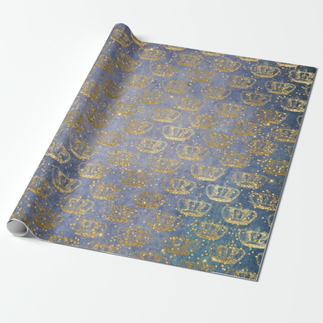Papier Cadeau Golden Crown Confetti Royal Grey Blue Velvet (Déroulé)