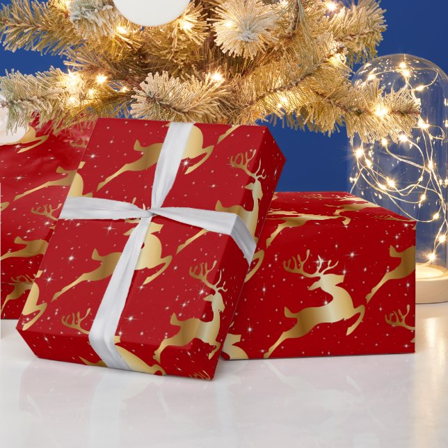 Papier Cadeau Golden Deer sur Red (Vacances)